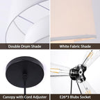 18" Drum Pendant Light Fixture, 3 Light Drum Chandelier with Wihte Fabric Lampshade, 2 Tier Dining Room Light Fixtures over Table, Ceiling Drum Chandeliers for Dining Room, Bedroom and Living Room