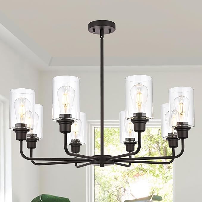 VINLUZ 8-Light Oil-Rubbed Chandelier with Clear Glass Shades, E26 Base Modern Pendant Light Fixture, Adjustable Swivel Heads Ceiling Lighting, Farmhouse Chandelier for Dining Room Kitchen Hallway