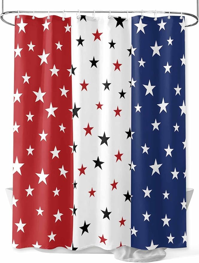 4th of July Shower Curtain, Patriotic Stars Stripes Shower Curtains Set with Hooks, Red White and Blue Independence Day Waterproof Fabric Bathroom Curtains Decor Accessories, Stall Long 36 X 78 Inch