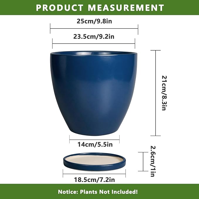 10 Inch Plant Pot - Ceramic Planter with Drainage Hole and Saucer, Modern Flower Pot, Round Planters for Indoor Plants, Home Patio Bathroom Porch Garden Living Room Decor, Blue