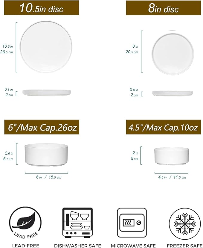 16 Pieces Porcelain Plates and Bowls Set, White Dinnerware Set for 4, Microwave and Dishwasher Safe - Scratch Resistant and Easy Clean, QOMO-1996