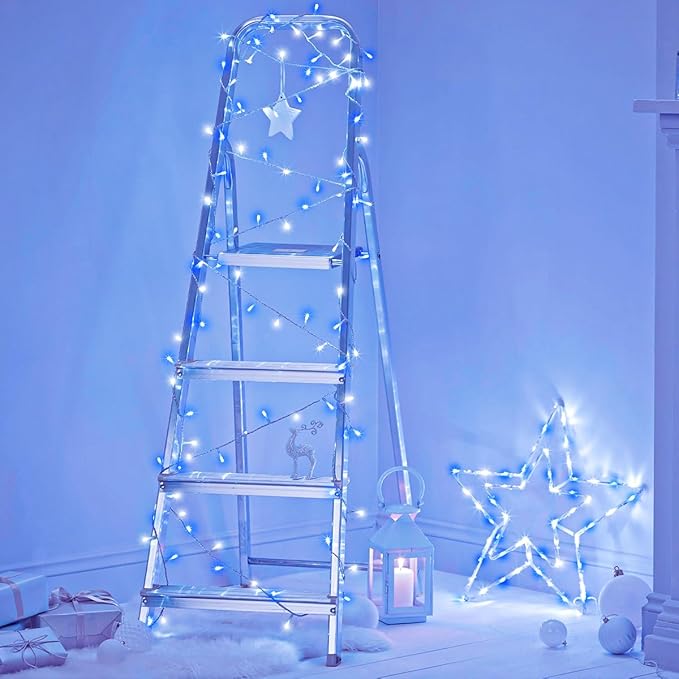 120 LED Blue White Christmas Lights Outdoor, 40ft Clear Wire Christmas Tree Lights 8 Modes, Plug in Waterproof Twinkle Fairy Lights for Indoor Christmas Bedroom Tree Decorations