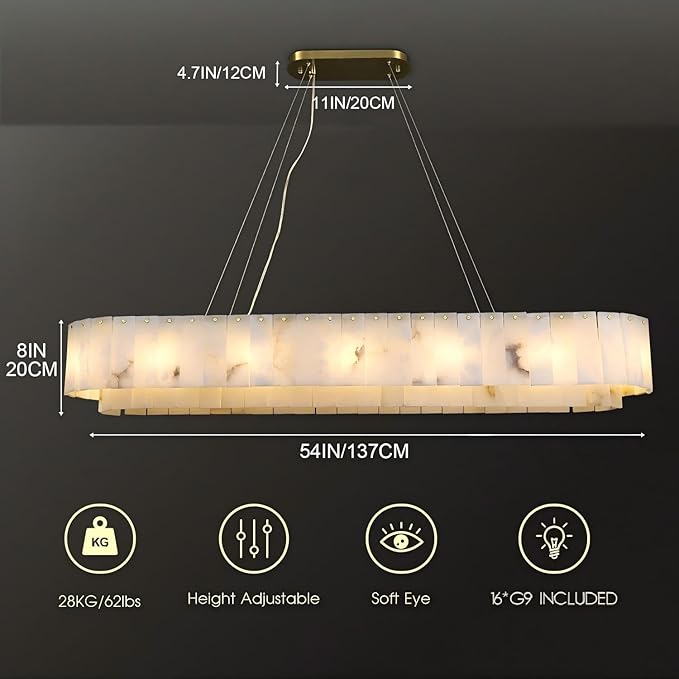 L54in Alabaster Chandelier for Dining Room, Rectangular Modern Chandelier, Spanish Natural Marble Chandeliers, 2-Tiers Pendant Lights Kitchen Island, Chandelier for Living Room, For Foyer, Entryway