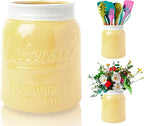 Comfify Wide Mouth Mason Jar Utensil Holder Decorative Kitchenware Organizer Crock, Dishwasher Safe - Kitchen Caddy Green, Large Size 7" High - Yellow