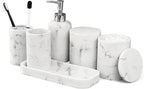 6-Piece Bathroom Accessories Set, Organizer Set with Soap Dispenser, Toothbrush Holder Set, Vanity Tray, Tumbler & 2 Cotton Swab Jars – Modern Stylish Bathroom Storage(Marble White)