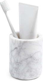 Cork & Mill Marble Toothbrush Holder Cup for Bathroom, Real White Marble Stone Bathroom Accessory, Aesthetic Decorative Countertop Organizer for Tooth Brush & Toothpaste