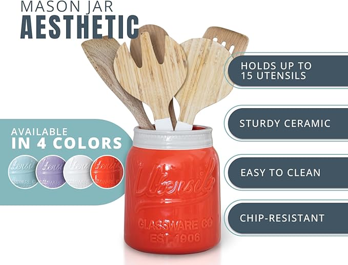 Comfify Wide Mouth Mason Jar Utensil Holder Decorative Kitchenware Organizer Crock, Dishwasher Safe - Kitchen Caddy, Large Size 7" High - Coral