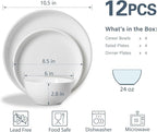 ONEMORE Plates and Bowls Set for 4 - Microwave & Dishwasher Safe Porcelain Dinnerware Set Service for 4 - Ceramic Dishes Set(12 Pcs) - White