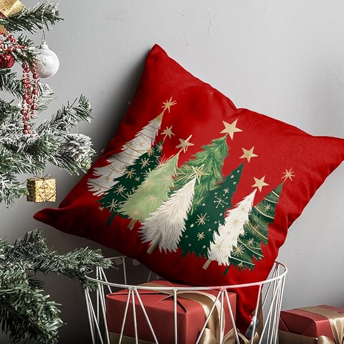 RABUSOFA Christmas Tree Pillow Covers 18x18 Inch,Watercolor Xmas Winter Decor Stars Red Holiday Cushion Case Decoration for Home Sofa Couch(Red, 18" x 18" (Pack of 1))