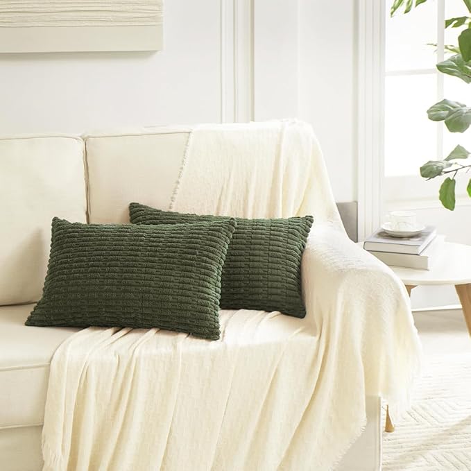 Fancy Homi Boho Olive Green Decorative Throw Pillow Covers 12x20 Inch for Couch Bed Sofa, Rustic Modern Farmhouse Home Decor, Soft Plush Corduroy Cute Square Cushion Case 30x50 cm