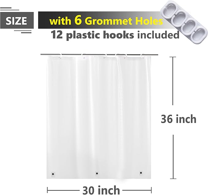 Waterproof Shower Curtain for Window Inside Shower, 30 x 36 Inches Short Plastic Bathroom Window Curtain Heavy Duty Vinyl with Hooks, Silky Frost, 30x36