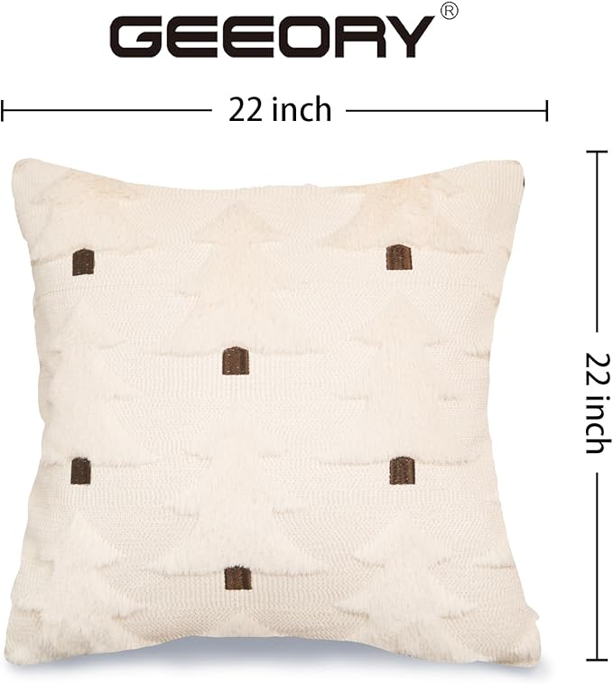 GEEORY Christmas Pillow Covers 22x22 Inch Set of 2, Christmas Decorations Xmas Tree Soft Plush Fluffy Faux Fur Decorative Throw Pillows Farmhouse Winter Cushion Case Beige Brown GC034-22