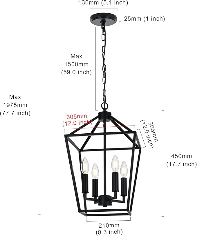 MELUCEE Farmhouse Chandelier 4 Lights Lantern Pendant Light in Black Finish Vintage Openwork Cage Hanging Light Ceiling for Kitchen Island Dining Room Hallway Entryway, E12 Base