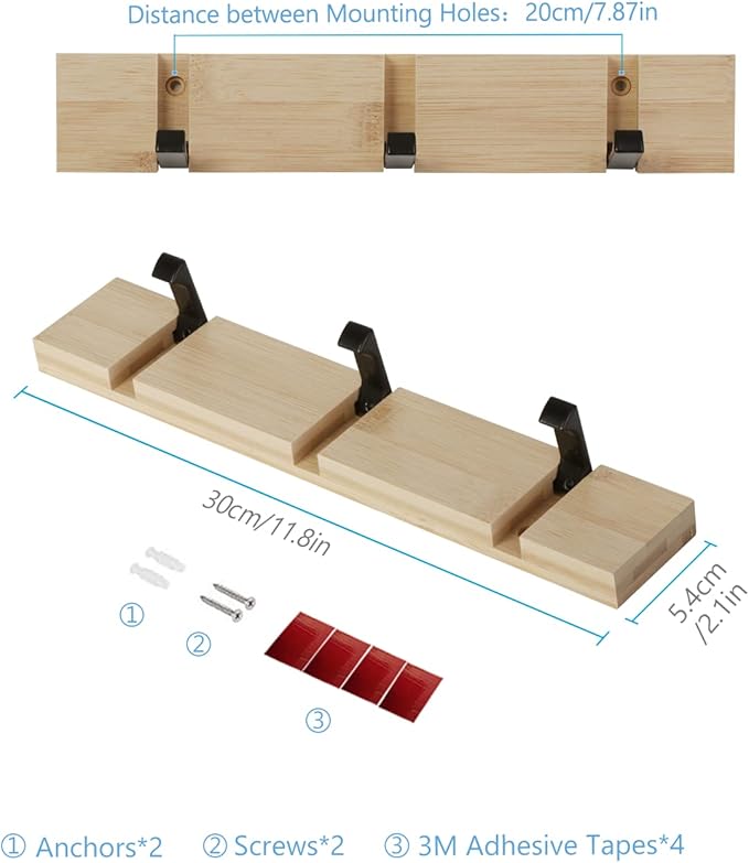 JSVER Coat Rack Wall Mount Coat Hooks, Coat Hooks Wall Mounted with 3 Standard Retractable Hooks, Space-Saving Coat Rack for Entryway, Hallway, Bathroom, Living Room, Bedroom