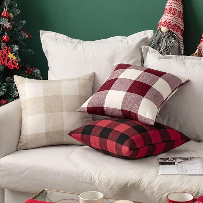 MIULEE Pack of 2 Christmas Farmhouse Checkers Buffalo Plaids Polyester Linen Soft Solid White and Red Decorative Porch Throw Pillow Covers Home Decor Cushion Case for Sofa Bedroom 12 x 20 Inch