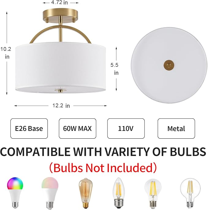Gold Semi Flush Mount Ceiling Light Fixture 3-Light Drum Light Fixture with White Fabric Cover Shade 12.2" Modern Round Chandelier for Bedroom Foyer Hallway Living Room Kitchen Dining Room