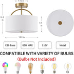 Gold Semi Flush Mount Ceiling Light Fixture 3-Light Drum Light Fixture with White Fabric Cover Shade 12.2" Modern Round Chandelier for Bedroom Foyer Hallway Living Room Kitchen Dining Room