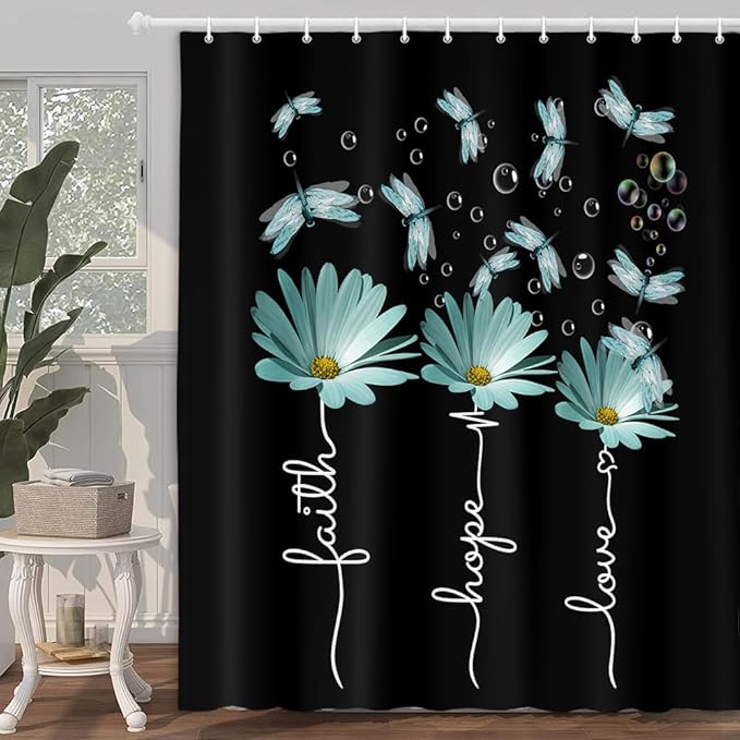 Rusitc Farmhouse Floral Balck White Teal Shower Curtain, Farm Country Daisy Flower Dragonfly and Faith Hope Love Inspirational Words Shower Curtain Set, Turquoise Yellow Bathroom Accessories, 47X64IN