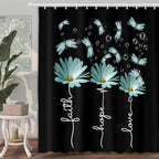 Rusitc Farmhouse Floral Balck White Teal Shower Curtain, Farm Country Daisy Flower Dragonfly and Faith Hope Love Inspirational Words Shower Curtain Set, Turquoise Yellow Bathroom Accessories, 70X70IN