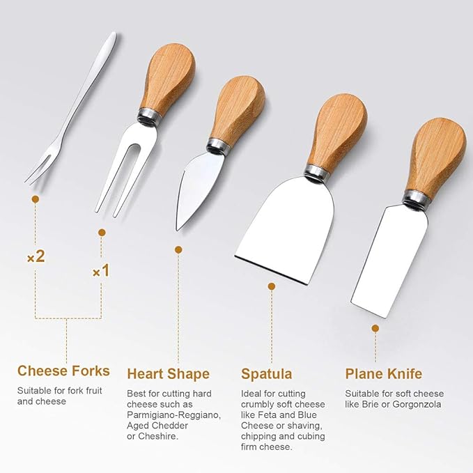 Bamboo Cheese Board Set - Charcuterie Boards and Serving Meat Platter, Cheese Tray with 4 Stainless Steel Cheese Knives Cutting Board Platter, Ideal for Halloween, Wedding, Christmas Gifts