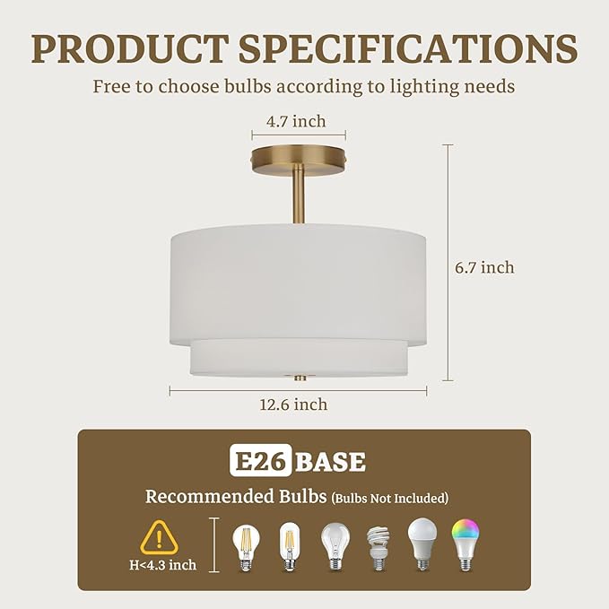 Gold Light Fixtures Ceiling Mount,12.6'' Semi Flush Mount Ceiling Light Fixtures,Nursery Light Fixture with 2-Layer White Shade,Modern Drum Ceiling Lights for Bedroom,Living Room,Hallway
