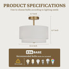 Gold Light Fixtures Ceiling Mount,12.6'' Semi Flush Mount Ceiling Light Fixtures,Nursery Light Fixture with 2-Layer White Shade,Modern Drum Ceiling Lights for Bedroom,Living Room,Hallway