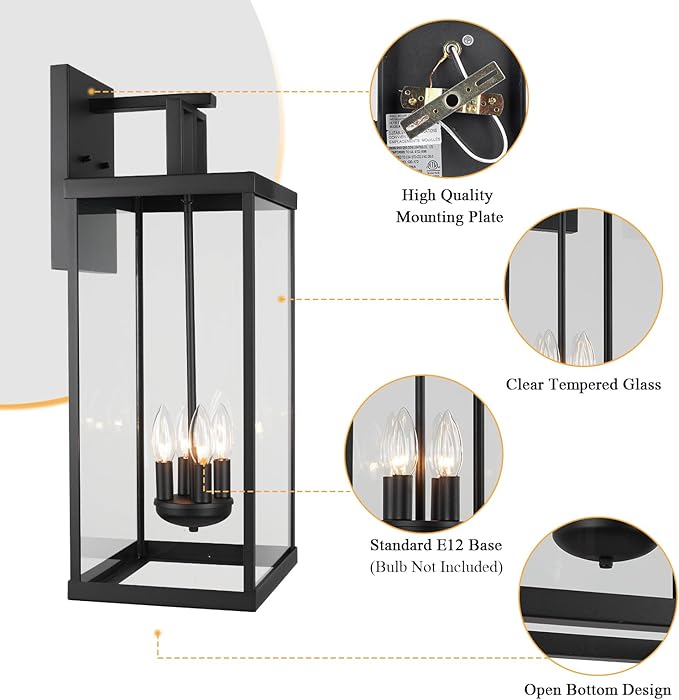 25'' Outdoor Wall Lantern, 4-Light Modern Large Exterior Wall Sconce Light Fixtures, Black Porch Light with Glass, Waterproof Outside Lighting for Patio Front Door Entryway