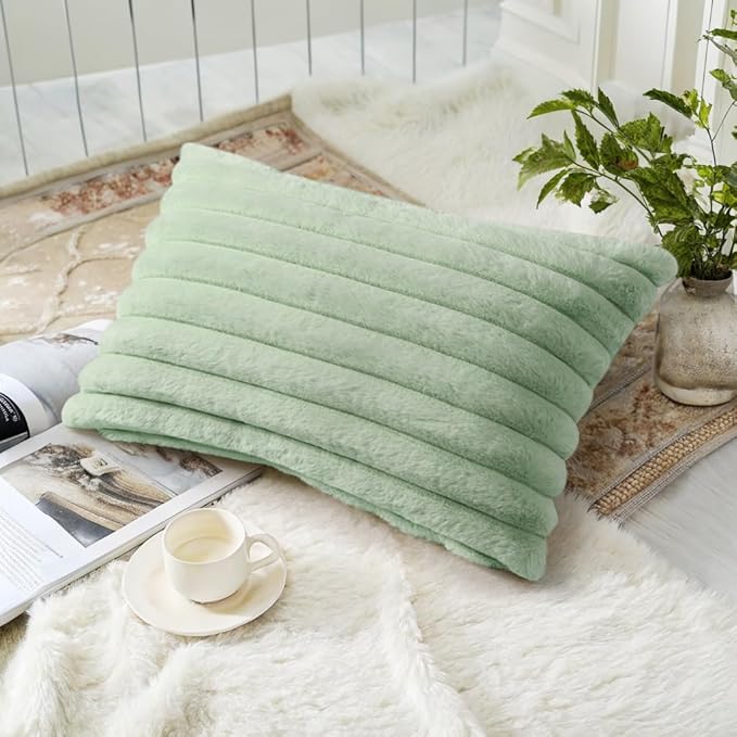 decorUhome Faux Fur Christmas Throw Pillow Covers 12x20 Set of 2, Decorative Soft Plush Striped Neutral Couch Euro Pillow Covers with Velvet Back for Sofa, Bed, Living Room Home Decor, Sage Green