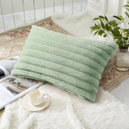 decorUhome Faux Fur Christmas Throw Pillow Covers 12x20 Set of 2, Decorative Soft Plush Striped Neutral Couch Euro Pillow Covers with Velvet Back for Sofa, Bed, Living Room Home Decor, Sage Green