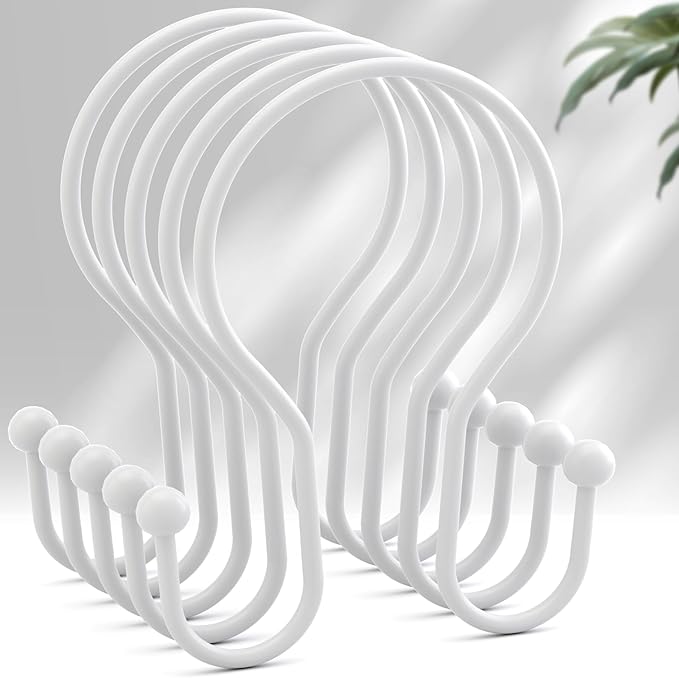 AmazerBath White Shower Curtain Hooks, Shower Curtain Rings, Simple Double Shower Curtain Hooks Rust Proof, Metal Smooth Glide Shower Hooks for Shower Curtain Rod, 12 Pcs Shower Rod Hooks