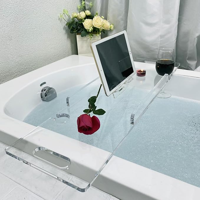 Zinginglife Luxury Clear Acrylic Bathtub Tray Caddy,Bath Tub Tray with Waterproof Design, Bath tub Caddy Table Tray for Laxury Bathroom Accessory House Warme Gifts,32",No Installation Required