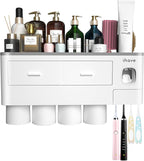 iHave Toothbrush Holders for Bathrooms, 4 Cups Toothbrush Holder Wall Mounted with Toothpaste Dispenser - Large Capacity Tray, 2 Cosmetic Drawer - Bathroom Organizer & Bathroom Accessories Set