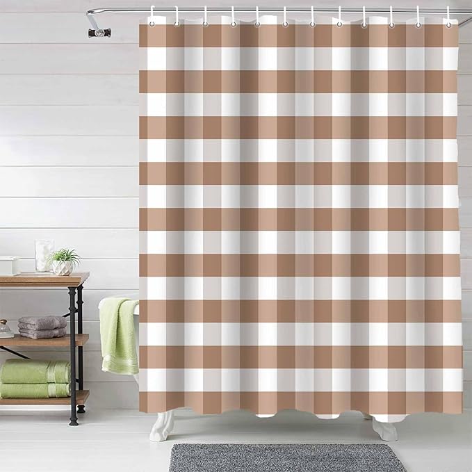 Vandarllin Rustic Brown White Buffalo Check Plaid Pattern Shower Curtain, Farmhouse Shower Curtains Set with Hooks, Waterproof Fabric Bathroom Curtains Decor Home Accessories,66 X 72 Inch Long