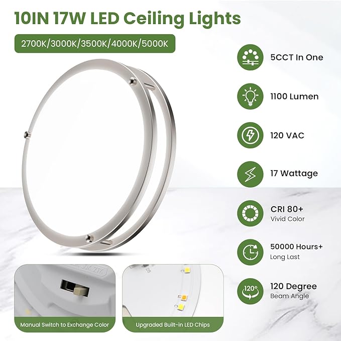 17W LED Ceiling Lights,1100lm Super Bright LED Ceiling Lights,10in Dimmable Flush Mount Light Fixtures,5CCT(5000K/4000K/3500K/3000K/2700K) Adjustable for Bedroom Kitchen Bathroom Hallway,2PACK