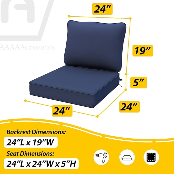 AAAAAcessories Outdoor Deep Seat Cushions, Waterproof, Fade-Resistant Patio Furniture Replacement Cushions, Set of 4, 24" x 24" x 5", Navy Blue