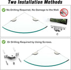 Set of 3 Shower Wall Mount Tempered Glass Shelves - Corner Shelf for Shower Organizer, No Drilling, Adhesive Mount