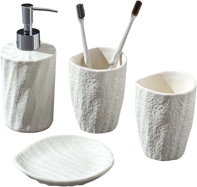 Bathroom Accessories Set, 4 PCS Modern Stone Look Bathroom Accessory Set with Hand Soap Dispenser 11.5 OZ, Tumblers, Toothbrush Holder, Bar Soap Dish Holder Saver (White)
