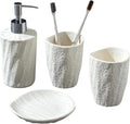 Bathroom Accessories Set, 4 PCS Modern Stone Look Bathroom Accessory Set with Hand Soap Dispenser 11.5 OZ, Tumblers, Toothbrush Holder, Bar Soap Dish Holder Saver (White)