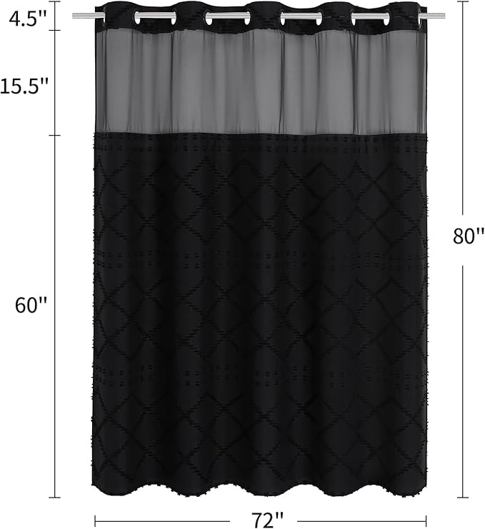 Boho Black Woven Fabric Shower Curtain 72 x 80 Modern Farmhouse, No Hooks Tufted Chevron Striped Shabby Chic Textured, Minimalist Cloth Curtain for Bathroom, Hotel Decor