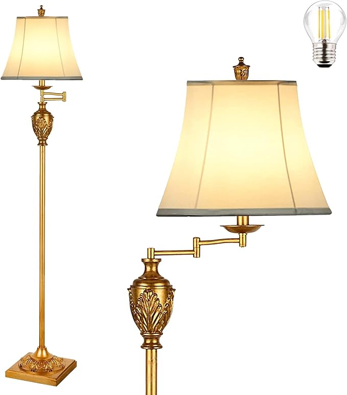Traditional LED Floor Lamp with 350° Adjustable – Vintage Pole lamp Swing arm for Living Room, Bedroom and Office – Rustic Upright Floor Light for Home Décor with Faux Silk Fabric Shade