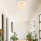 Modern Semi Flush Mount Ceiling Light Modern Gold 3-Lights Drum Ceiling Lighting Fixture Vintage Linen Golden Ceiling Lamp for Laundry Room, Kitchen, Basement, Dining Room, Bedroom