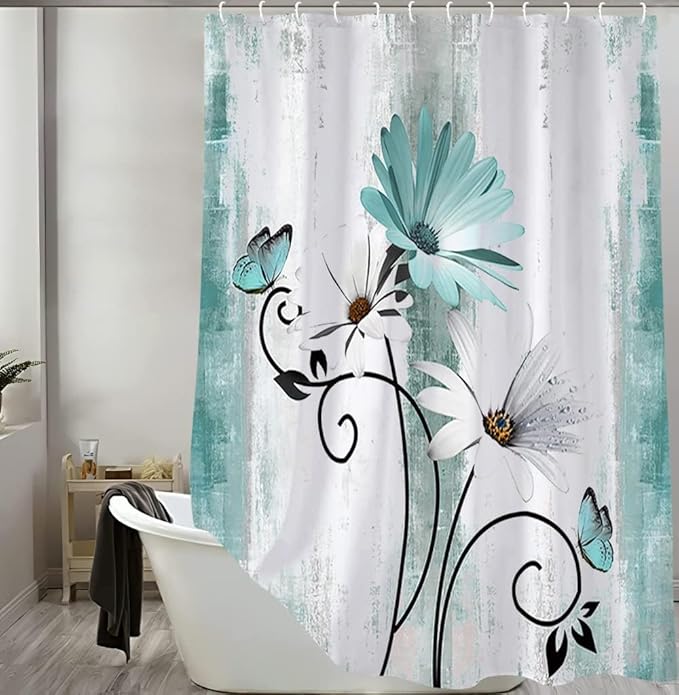 Rustic Farmhouse Shower Curtain, Farm Teal Daisy Floral Flowers and Butterfly on Country Wooden Shower Curtain for Bathroom, Turquoise Blue with 12PCS Hooks, 48X70IN