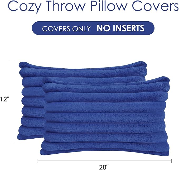 Throw Pillow Covers Decorative Faux Fur Set of 2 12x20 Inch Pillow Covers, Soft Navy Blue Lumbar Plush Striped Pillowcases for Couch Sofa Bed Living Room, Fluffy Cute Home Boho Accent Decor