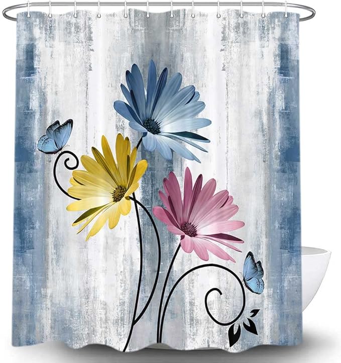 Rustic Farmhouse Shower Curtain, Farm Blue Daisy Floral Flowers and Butterfly on Country Wooden Shower Curtain for Bathroom, Turquoise Pink Yellow Bathroom Shower Curtains with 12PCS Hooks, 70X84IN