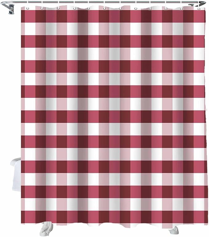 Christmas Shower Curtain, Rustic Burgundy White Buffalo Check Plaid Pattern Shower Curtains Set with Hooks, Farmhouse Waterproof Fabric Bathroom Curtains Decor Home Accessories,66 X 72 Inch Long