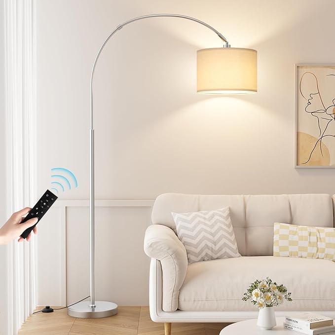 Ambimall Dimmable Arc Floor Lamp with Remote, Color Temperatures and Brightness Adjustable, Arched Floor Lamp with Rotating Head, Over Couch Arched Reading Light for Living Room (White and Silver)