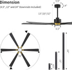 78 Inch Ceiling Fan with Lights and Remote Control, 6 Reversible ABS Blades, 6-Speed Noiseless DC Motor with 4.5" / 12" / 24" Downrods for Bedroom Dining Living Room, Gold and Black