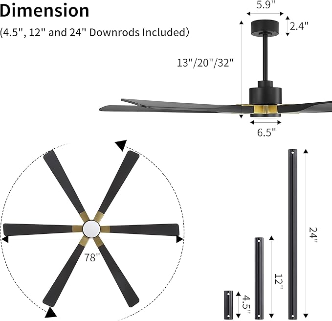 78 Inch Ceiling Fan with Lights and Remote Control, 6 Reversible ABS Blades, 6-Speed Noiseless DC Motor with 4.5" / 12" / 24" Downrods for Bedroom Dining Living Room, Gold and Black