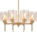 Brass Modern Chandeliers, Metal 8-Lights Chandelier Light Fixture with Amber Glass Shade, Hanging Pendant Lighting for Living Room, Dining Room, E26