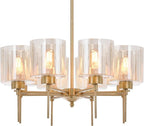Brass Modern Chandeliers, Metal 8-Lights Chandelier Light Fixture with Amber Glass Shade, Hanging Pendant Lighting for Living Room, Dining Room, E26